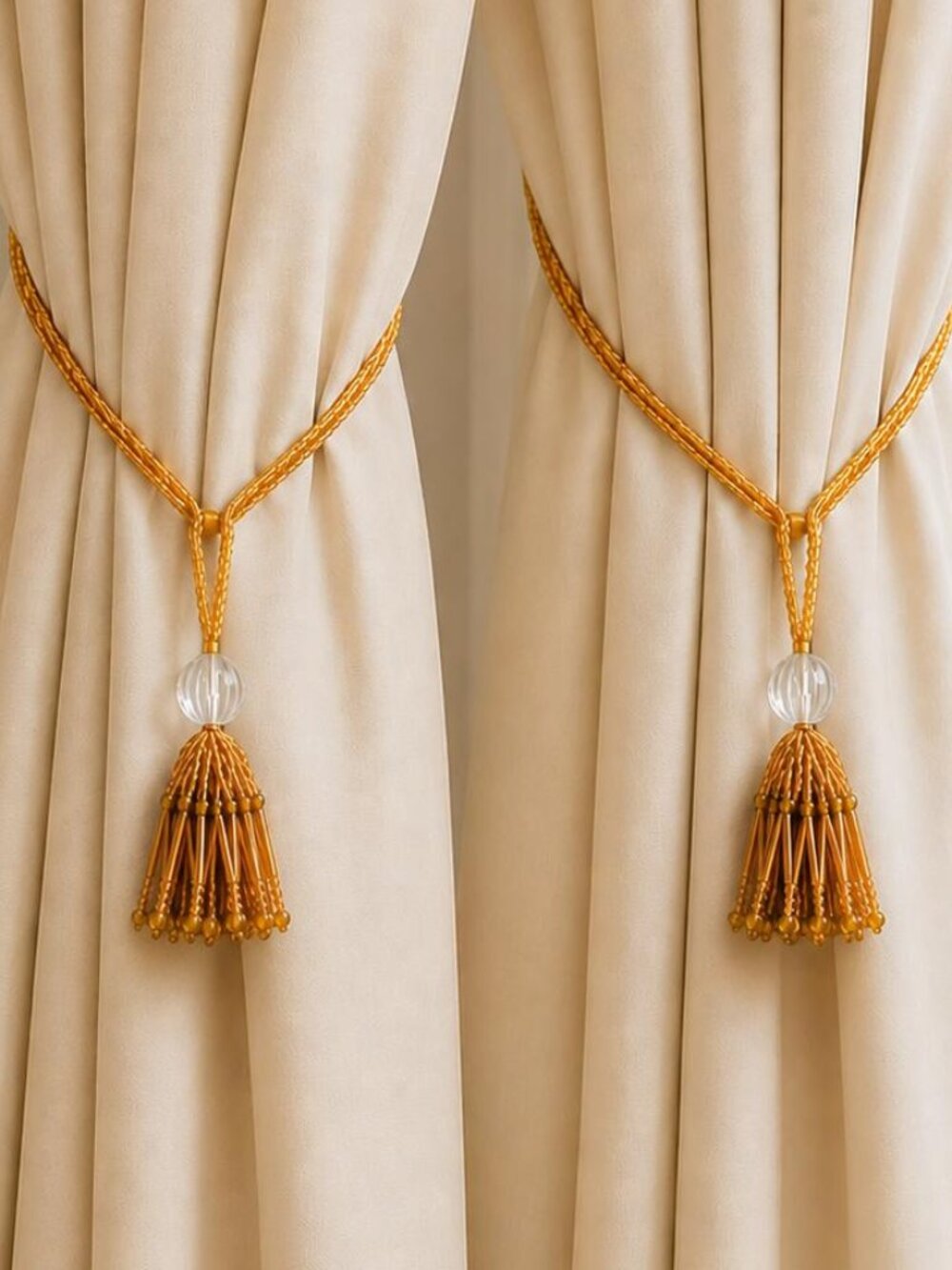 Vintage Gold Glass Bead Curtain Tiebacks w/ Crystal Tassels Pair